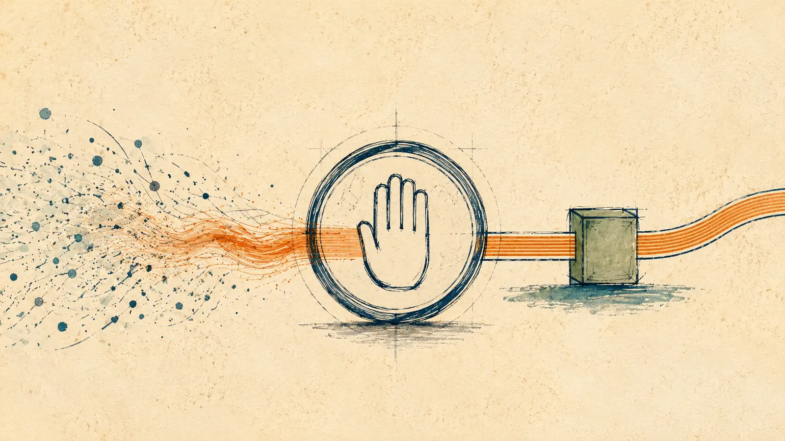 An editorial drawing exploring permission and the path from an AI request to a financial action.