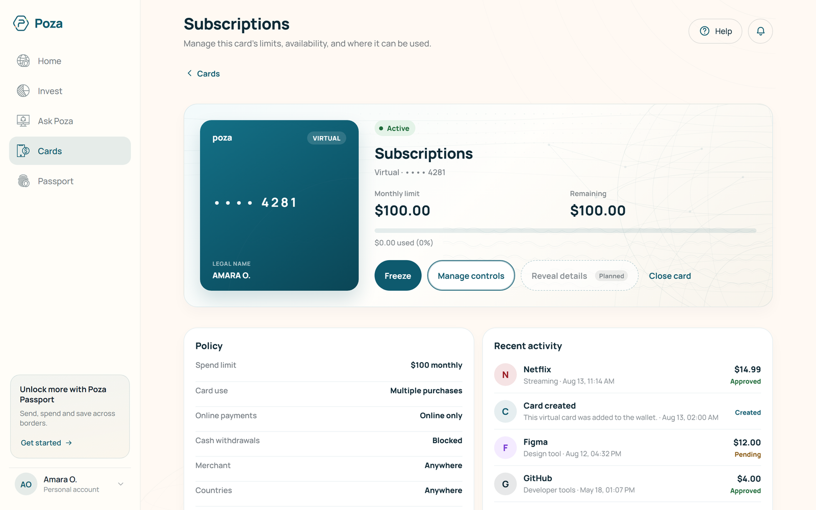 Poza web card details with a subscriptions card, monthly spending limit and recent payments.