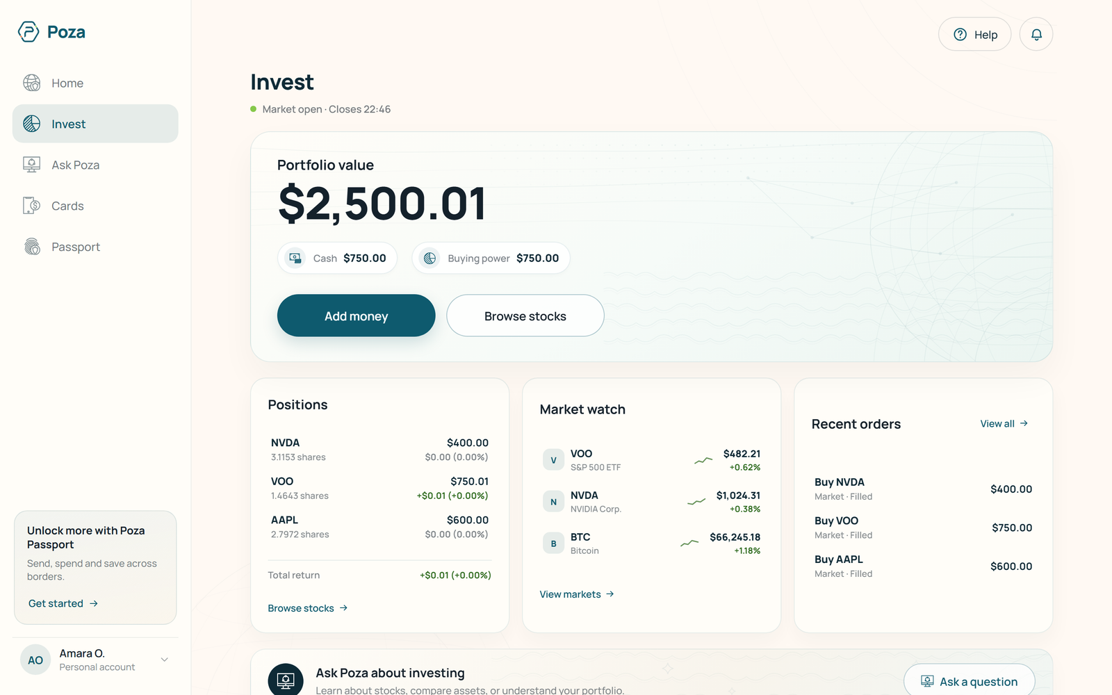 Poza investing preview showing a sample portfolio and positions.