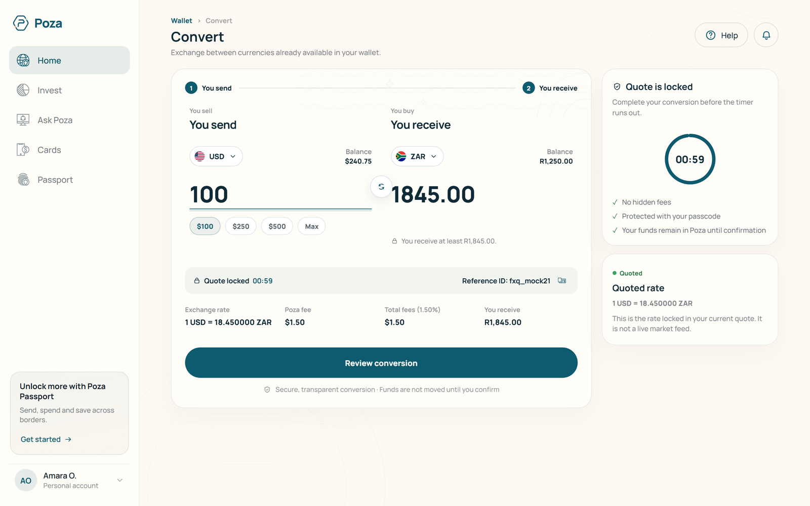 Poza web conversion screen showing the currencies and amounts to review.