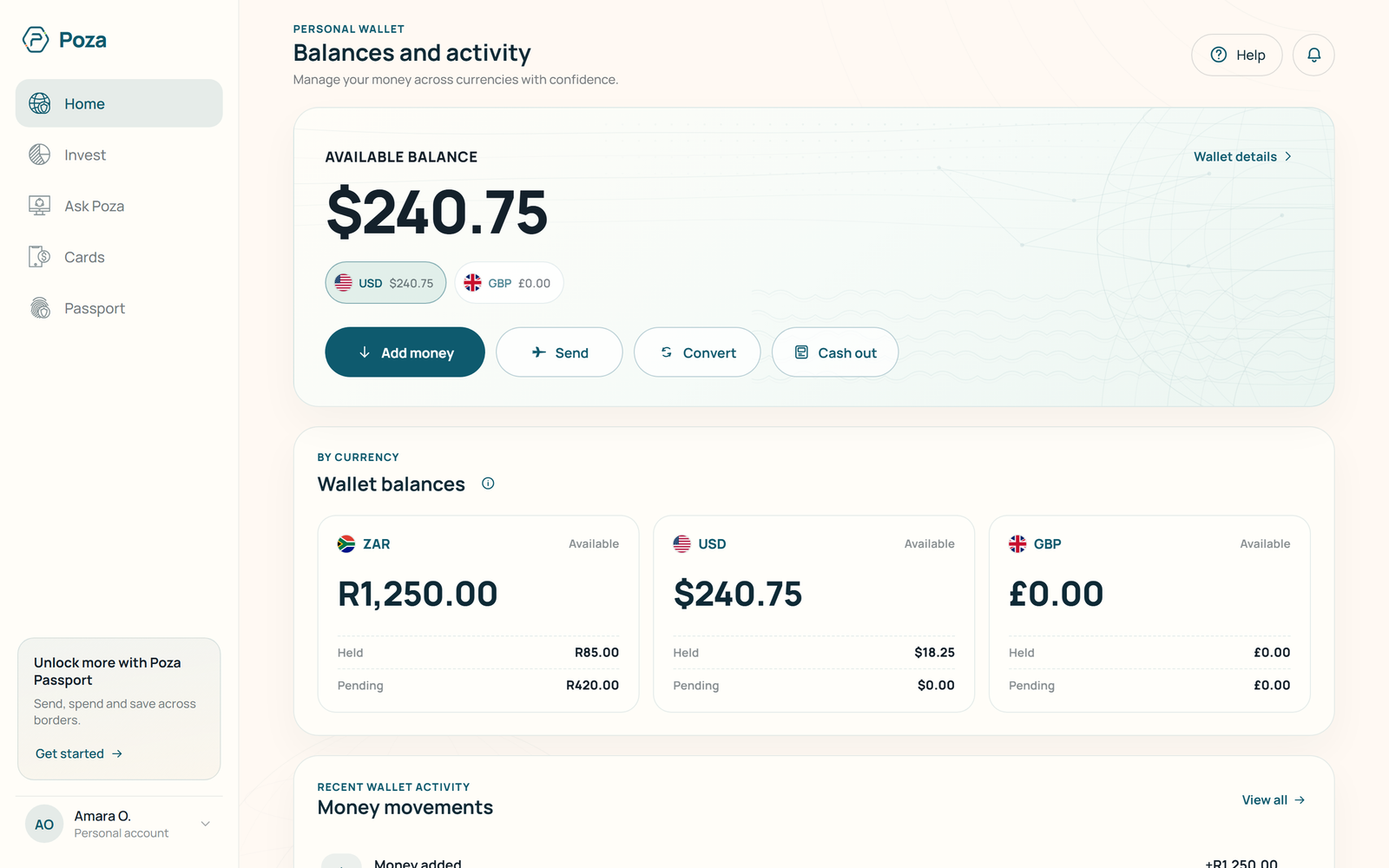 Poza web wallet showing separate available, held and pending balances in ZAR, USD and GBP.